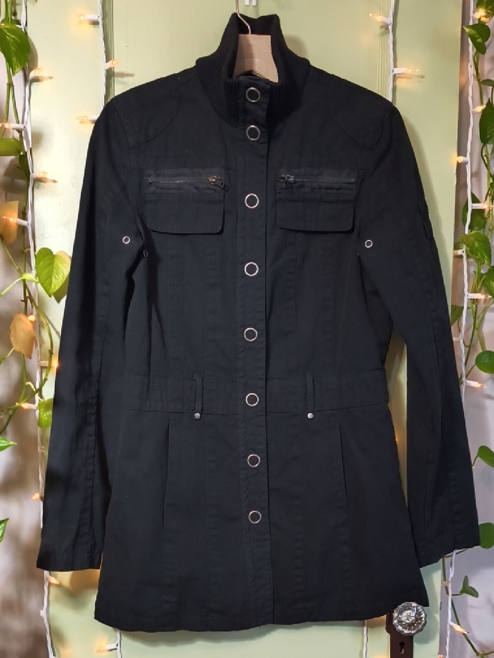 Women's Coffee Shop Red Mid Length Black Snap Button Mockneck Coat S - Picture 17 of 17